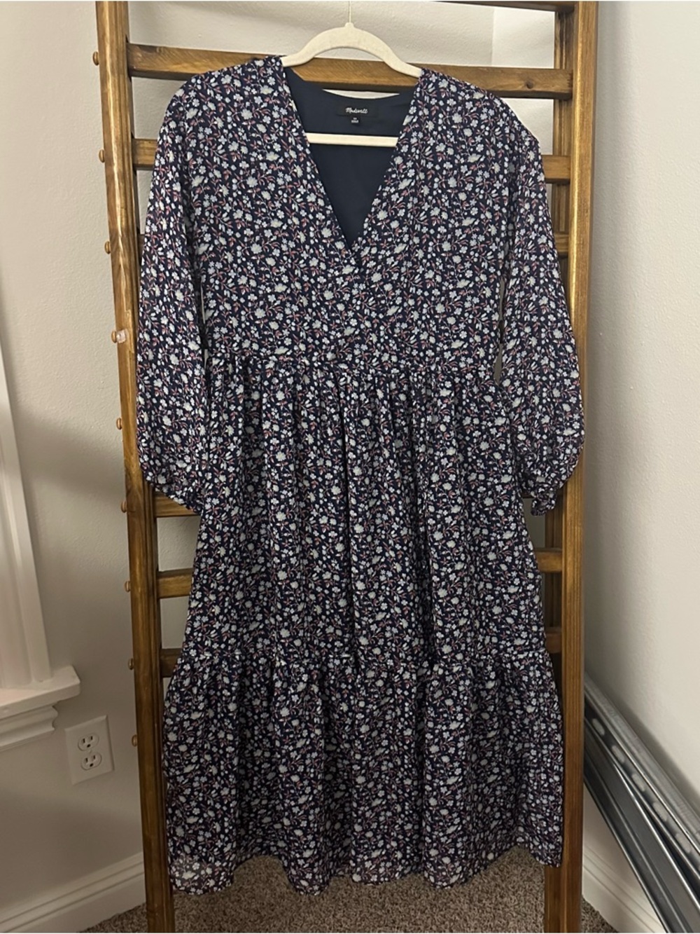 Madewell Navy and White Floral Wrap-Style Tiered Midi Dress